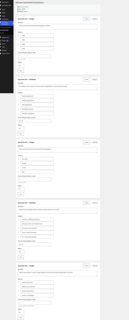 Review Generated Questions Using LDAQ  AI Question Builder for LearnDash