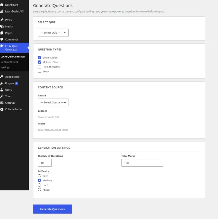 LD AI Quiz Questions generator